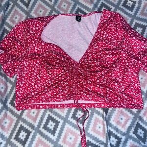 SHEIN Red and White Crop Tie Front Blouse